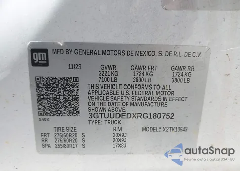 2024 GMC Sierra 1500 4Wd Short Box Slt z USA, uszkodzony, nr VIN 3GTUUDEDXRG180752